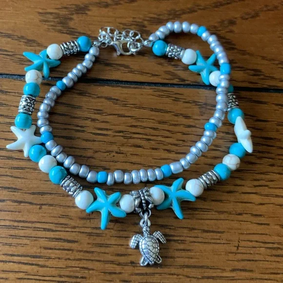 Boho Sea Turtle Starfish Nautical Layered Anklet - Picture 4 of 4